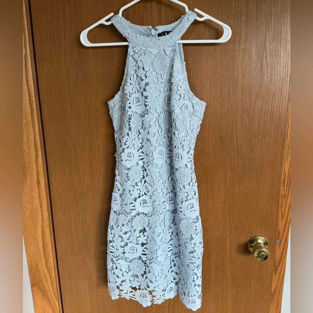 Lulu's Light Blue One-Shoulder Lace Dress